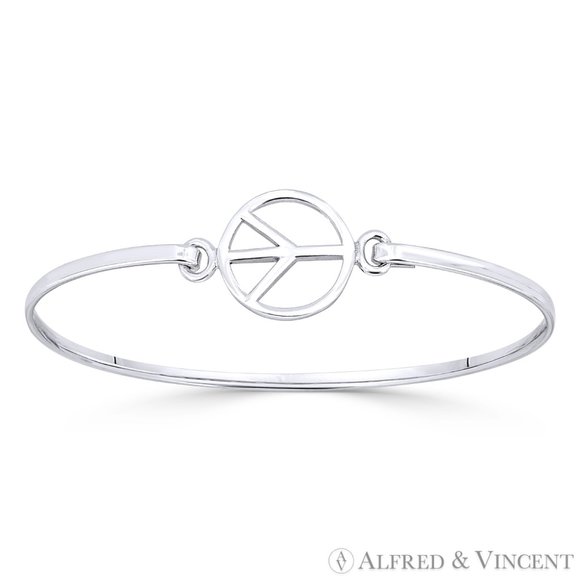 Peace Sign 15mm Circle Charm Cuff Bangle Bracelet in Solid .925 Sterling Silver - Picture 1 of 1